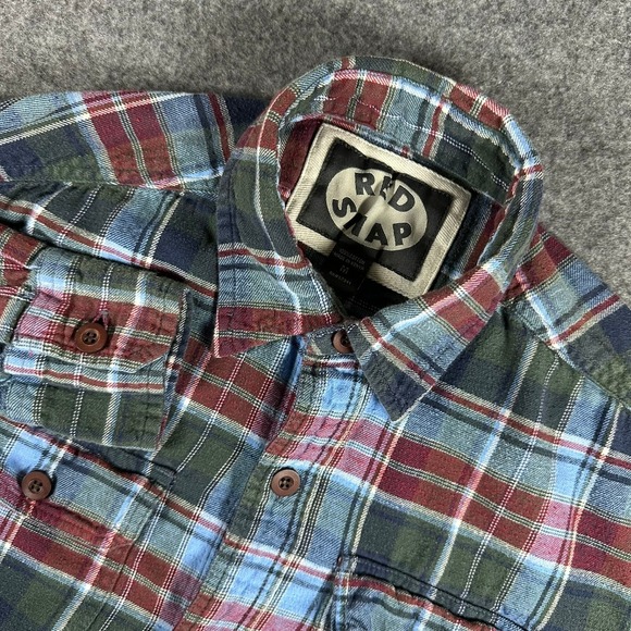 Red Snap Mens Plaid Flannel Shirt Medium Button Front Long Sleeve Double Pocket - Picture 1 of 6